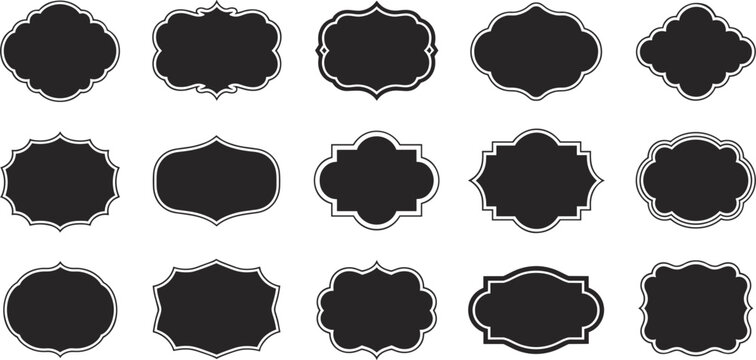 Fifteen assorted black decorative frames and labels with white outlines Keywords: frame, label, border, decorative, ornamental