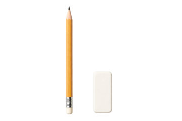 Essential school and office supplies including a sharp yellow wooden pencil with an integrated eraser and a rectangular white rubber eraser, ideal for writing, drawing, and correcting.