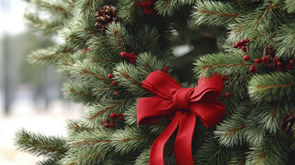Christmas wreath red bow pine branch holiday Christmas wreath red bow pine branch holiday greenery with pine cone and berry cluster create warm