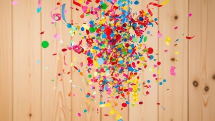 Colorful confetti exploding on a wooden background