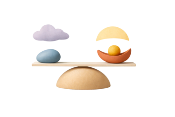 Conceptual scene featuring a wooden balancing scale holding a soft purple cloud, a smooth blue stone, a vibrant lemon, and an orange bird, conveying ideas of harmony and mindfulness for