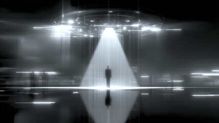 Futuristic spotlight silhouette alien abduction concept sci fi mysterious night technology Futuristic spotlight silhouette alien abduction concept