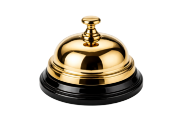 A gleaming golden reception counter bell signaling readiness for customer service and hospitality assistance, perfect for business advertisements or hotel industry promotions