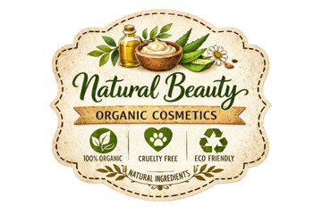 Natural Beauty organic cosmetics emblem featuring essential oil, aloe vera, daisy flower, and various eco friendly certifications perfect for product packaging and wellness marketing