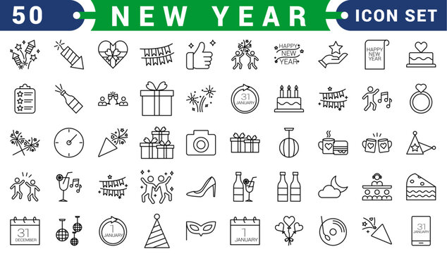 New year icon set. Containing fireworks, celebration, party, dance, resolutions, countdown, January 1st, wishes and more. Vector solid icons collection