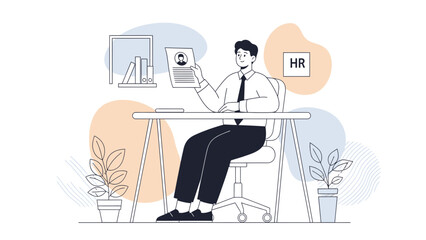 Fototapeta premium Modern office workspace illustration depicting a professional man reviewing HR documents at his desk