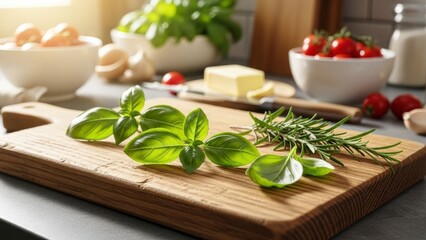 Fresh herbs arranged on a wooden cutting board in a kitchen setting with ingredients