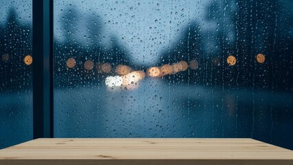 Rainy night scene viewed through a window with wooden table in foreground