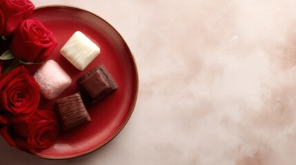 Valentine Day date concept, top view of red plate with sweets, romantic gift and red roses, beige background, vertical menu layout