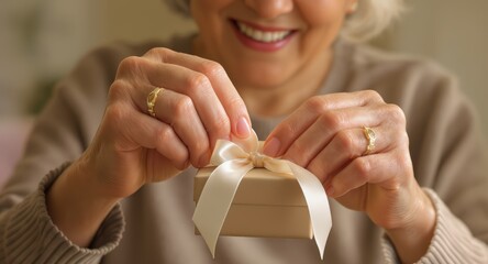 Elderly Woman Giving Gift Box with Satin Ribbon in Warm Indoor Setting