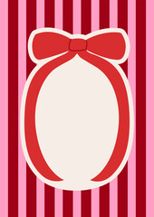 Hand drawn red bow on striped background. Greeting card template with ribbon frame. Holiday vector illustration