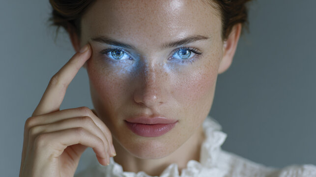 Woman blue eye light, cyber vision glow, futuristic gaze, digital interface, technology concept portrait, soft beauty, fantasy style