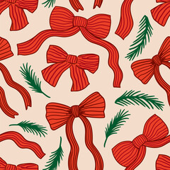 Holiday seamless pattern with red bows and fir branches. Vector hand drawn illustration. Christmas background in vintage coquette aesthetic