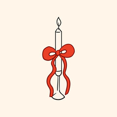 Elegant hand drawn candle with red bow on isolated background. Vector line illustration in vintage style