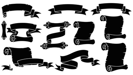 Variety of Black Decorative Scroll Banners and Ribbon Elements on Isolated White Background