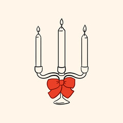Elegant hand drawn candelabra with red bow on isolated background. Vector line illustration in vintage style