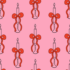 Elegant seamless pattern with hand drawn candles and bows. Vector background in vintage style