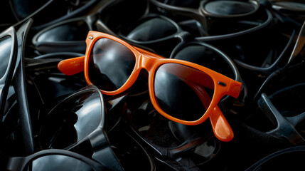 50 Adobe-style keywords for a design concept showing the odd one out, contrast between Orange sunglasses and black sunglasses: