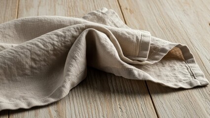 A crumpled beige cloth lies on a light wooden surface viewed from above