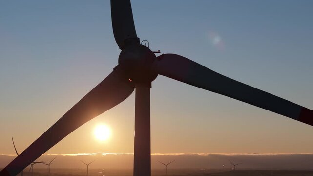 Wind turbines generating power, wind farm, aerial view