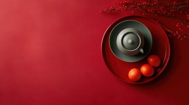 Tet tea table scene with empty product display space, red plate of tangerines, red envelopes, winterberry branch and teapot on crimson background, festive Asian New Year concept