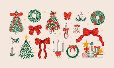 Set of various christmas elements: christmas tree, bows, fir wreath, candles and gift boxes. Vector hand drawn illustration in vintage style