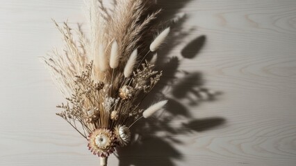 A serene arrangement of dried flowers and pampas on a light wooden surface