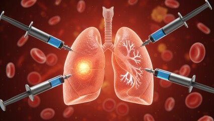 An orange lungs with medical syringes targeting damaged area showing treatment therapy and recovery asthma concept