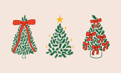 Set of hand drawn christmas trees with red bows. Vector holiday illustration. Elegant vintage clipart