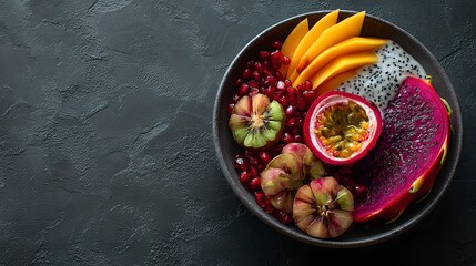 Vibrant and colorful fruit bowl featuring fresh tropical, organic, and nutritious fruits perfect for healthy snacks, desserts, and summer meals
