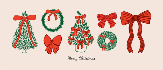 Set of christmas trees, fir wreaths and red bows. Elegant hand drawn vector vintage illustration