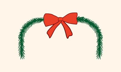 Hand drawn christmas border with red coquette bow and fir branches. Vector illustration for holiday greeting cards and invitations