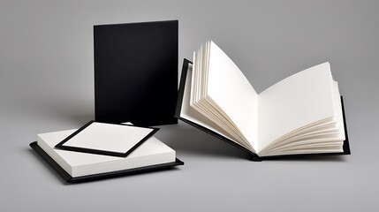 Black and white books and notepad on gray background