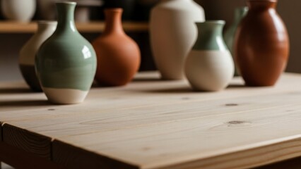 Assorted ceramic vases arranged on a wooden table in a studio setting