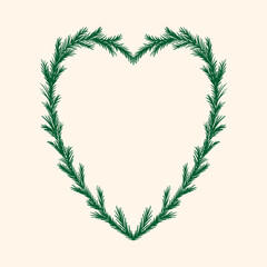 Heart shaped frame with fir branches. Vector hand drawn illustration of fir christmas wreath. Elegant holiday clipart for greeting cards, invitations