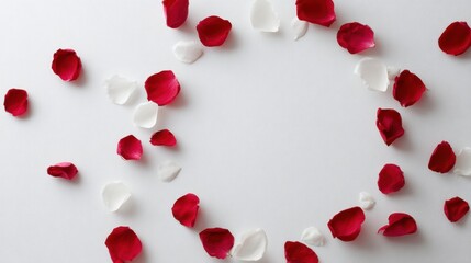Valentine floral composition, circular rose frame with festive confetti, white background, flat lay top perspective