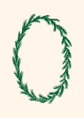 Christmas winter frame with fir branches. Vector hand drawn illustration of fir wreath. Elegant holiday clipart for greeting cards, invitations