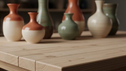 Ceramic vases arranged on a wooden table in a serene indoor setting