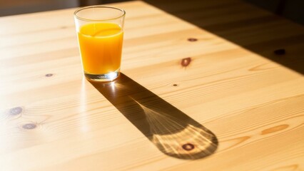 A glass of orange juice on a wooden table casting a long shadow in natural light