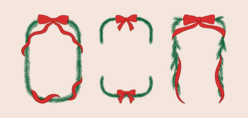 Set of winter frames with fir branches and red bows. Vector hand drawn illustration. Elegant and vintage borders for christmas holiday greeting cards