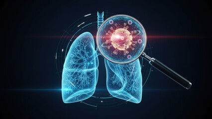 A blue lungs with a digital scan and magnifier showing medical detection and lung analysis asthma concept