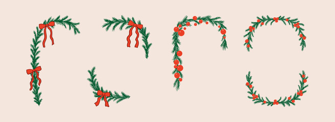 Set of christmas hand drawn vector frames with fir branches, red bows and berries. Hand drawn vector illustration. Holiday winter borders for greeting cards, invitations, posters, etc.