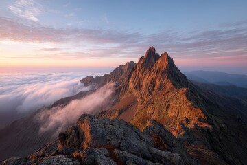 Obraz premium Solitary Mountain Peak Above Clouds at Dawn