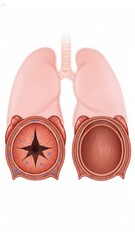 An airway cross section comparison showing narrowed inflamed passage versus open breathing tube asthma concept