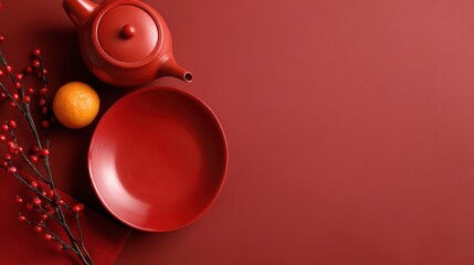 Tet tea table scene with empty product display space, red plate of tangerines, red envelopes, winterberry branch and teapot on crimson background, festive Asian New Year concept
