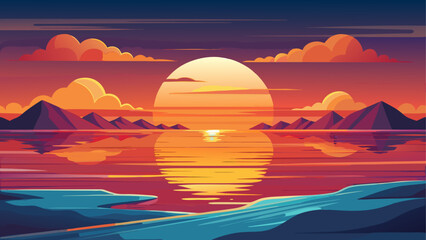 Sunset over the sea vector illustration with warm sky reflections, flat design