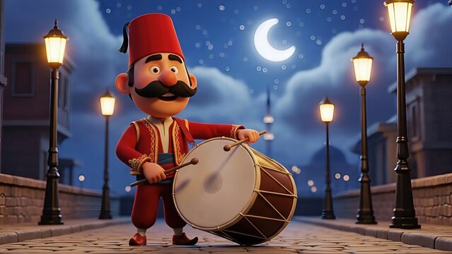 Ramadan, Ramazan Davulcusu, Ottoman, playing drum 3d illustration