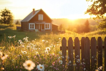 A serene countryside escape where wildflowers bloom in the golden sunlight beckoning a cozy home beyond the weathered