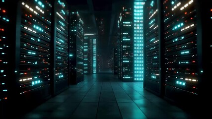 Futuristic data center with illuminated server racks - Powered by Adobe