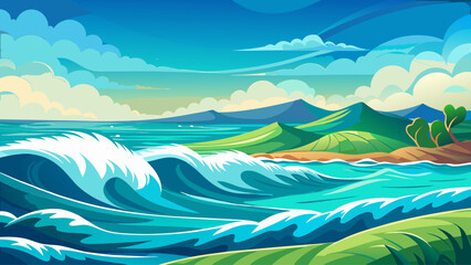 Open ocean vector landscape with rolling waves, minimal flat seascape